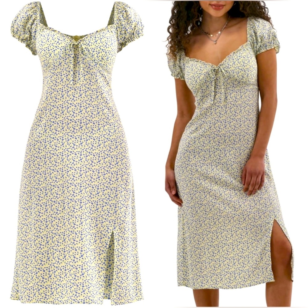Floral Midi Dress With Puff Sleeves Size Medium